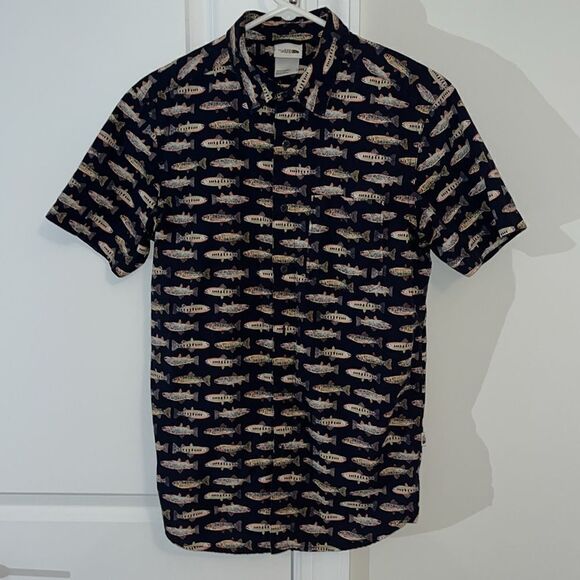 The North Face Rainbow Brown Mountain Stream colorful Trout Print shirt S Fish - Picture 1 of 3